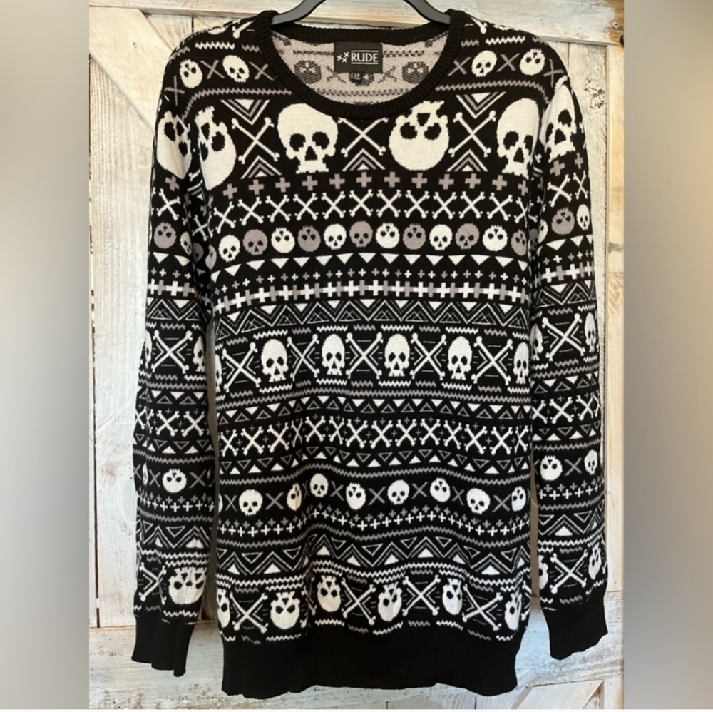 XXX RUDE Men's Skull OversizedSweater Size Large Soft Cotton/RayonBlend EUC